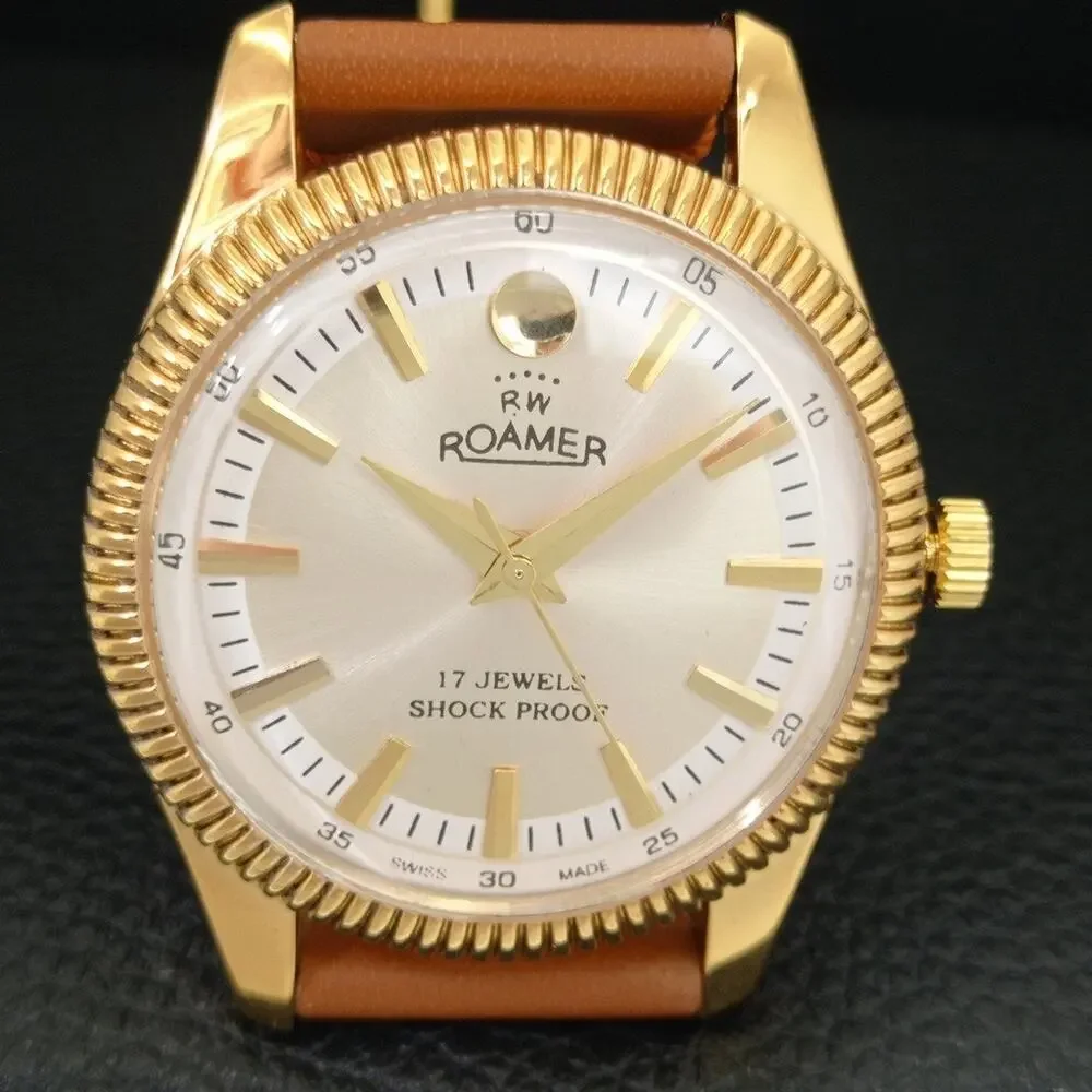 Vintage 1973 Roamer Manual Mens Gold Watch W/Leather Strap & Silver accents